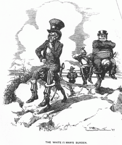 Karikatur over Kiplings begrep "Den hvite manns byrde" fra Life-Magazine, 16.3.1899