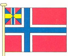 Tegning av "sildesalaten" slik den så ut fra norsk side i 1842. Det svenske flagget hadde også et unionsmerke øverst til venstre, og heller ikke de syntes deres flagget var særdeles tiltalende. Bilde: Wikimedia Commons