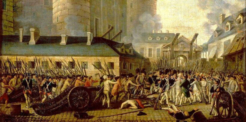 Stormingen av Bastillen og arrestasjonen av Guvernør M. de Launay, 14. juli 1789. Ingen opphavsrett grunnet alder.