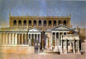 View on the Forum Romanum in ancient Rome - from left: Temple of Saturn, Temple of Vespasian, Rostra, Temple of Concord, Arch of Septimius Severus and Tabularium in background. Constant Moyaux (1835-1911), Ingen opphavsrett grunnet alder