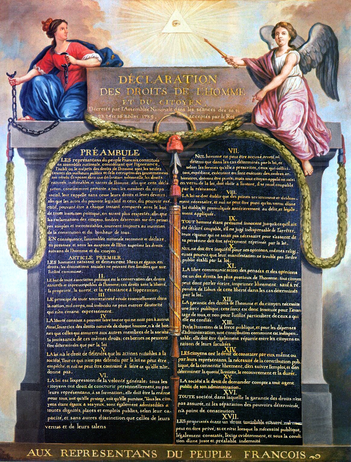 Erklæringen om menneskenes og borgernes rettigheter fra 1789. Denne erklæringen var verdens første generelle erklæring om alle menneskers rettigheter. Dessverre ble den satt til side allerede under jakobinernes terrovelde 1793-94.